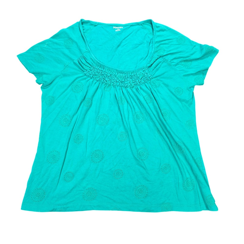St. John's Bay Short Sleeve Top Women's Size L Teal Green Smocked Embroidered